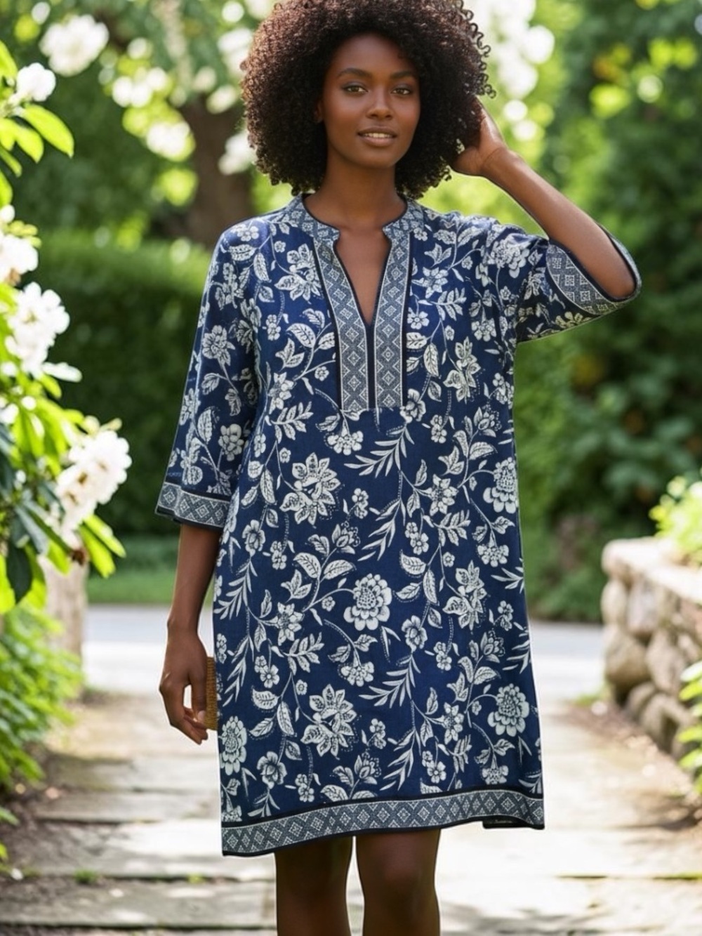 24th & OCEAN Blue Black Batik Floral UPF 50+ Swim Shift Dress Cover Up Women's M